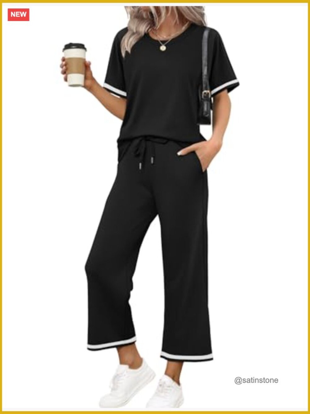 Two Piece Lounge Set Short Sleeve Wide Leg Pants With Pockets Travel Vacation View 2